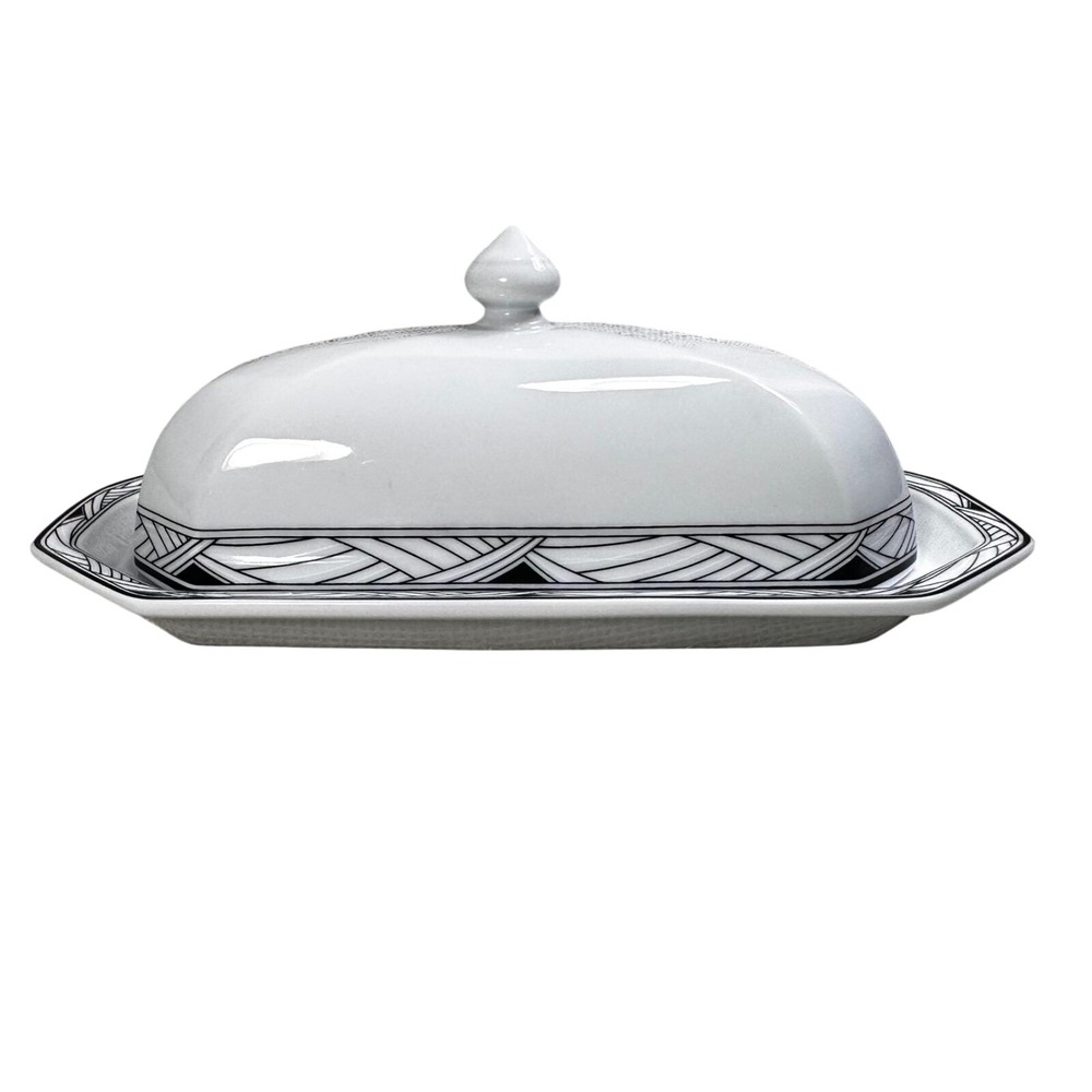Studio Nova Synthesis Y0031 Butter Dish Black White Geometric Art Deco Stoneware